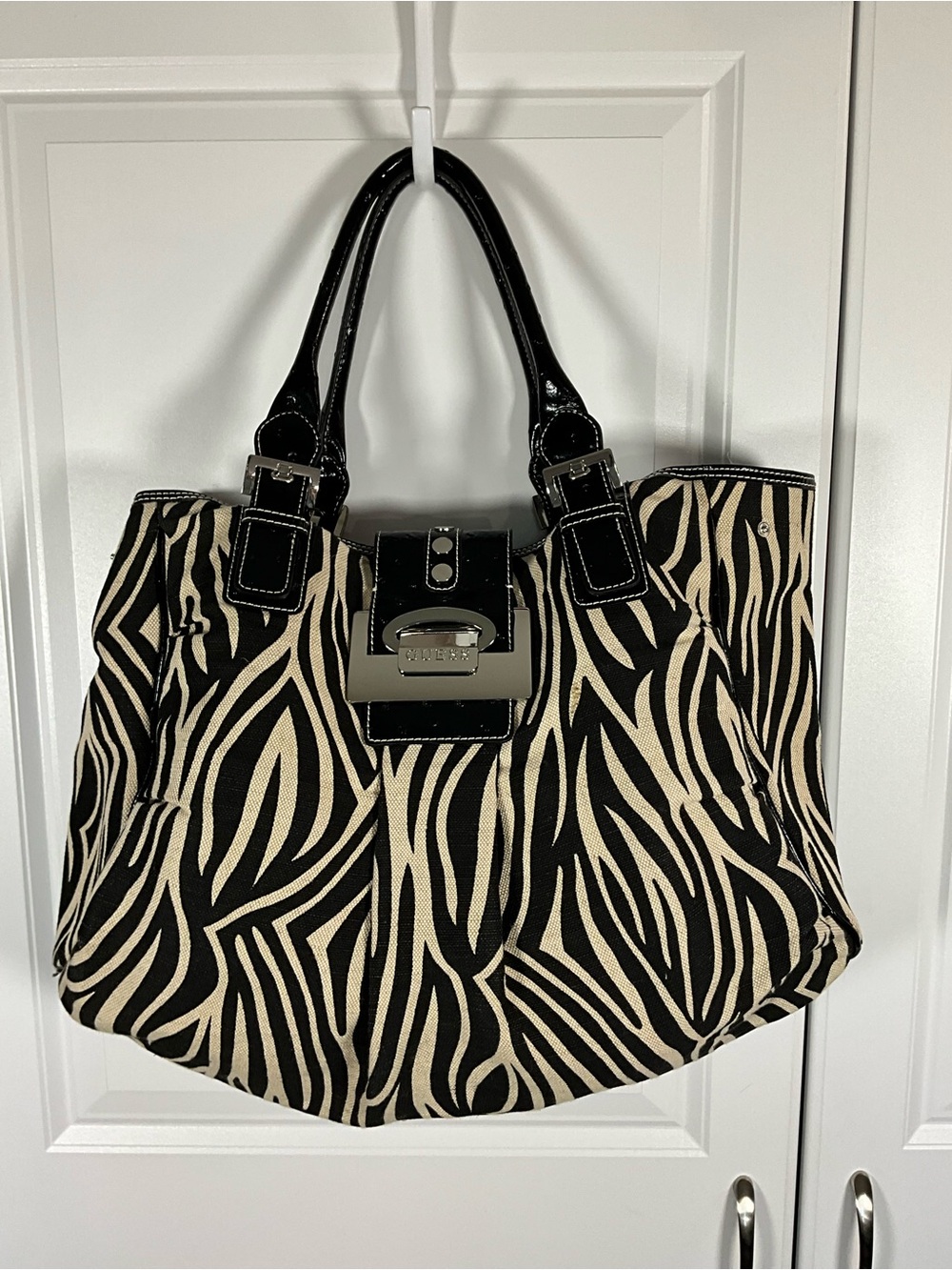 Guess Zebra Print Canvas Tote Bag Black Cream with Patent Trim - Picture 3 of 11